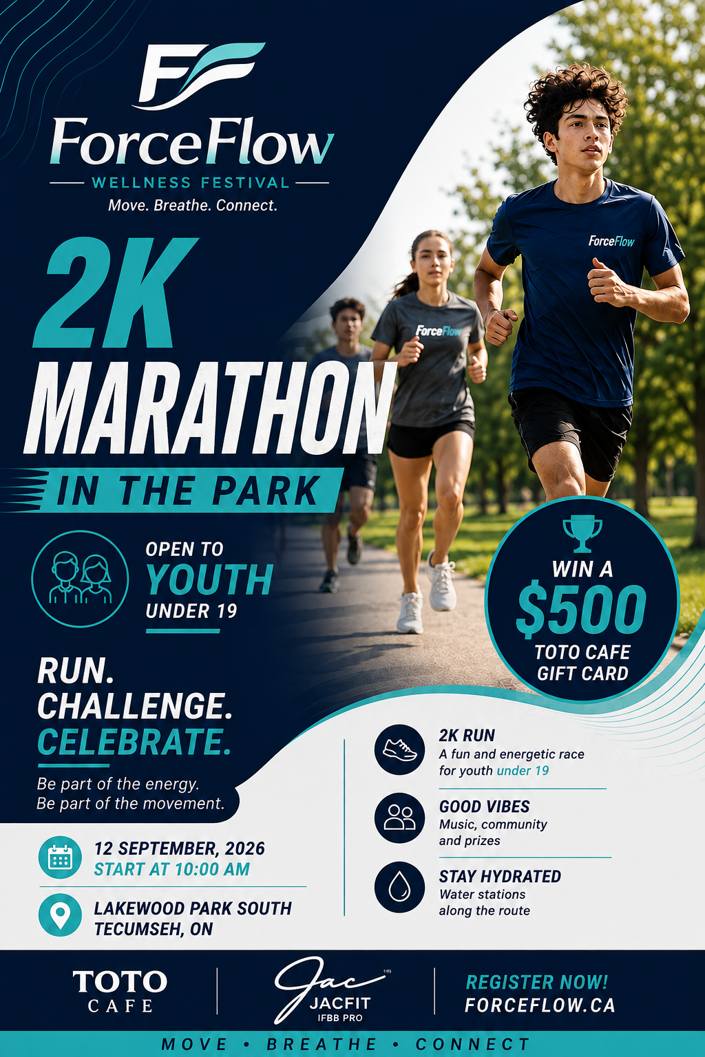 ForceFlow 2K Marathon in the Park — a youth run at Lakewood Park, Tecumseh on September 12, 2026, open to youth under 19, with a $500 TOTO CAFE gift card prize