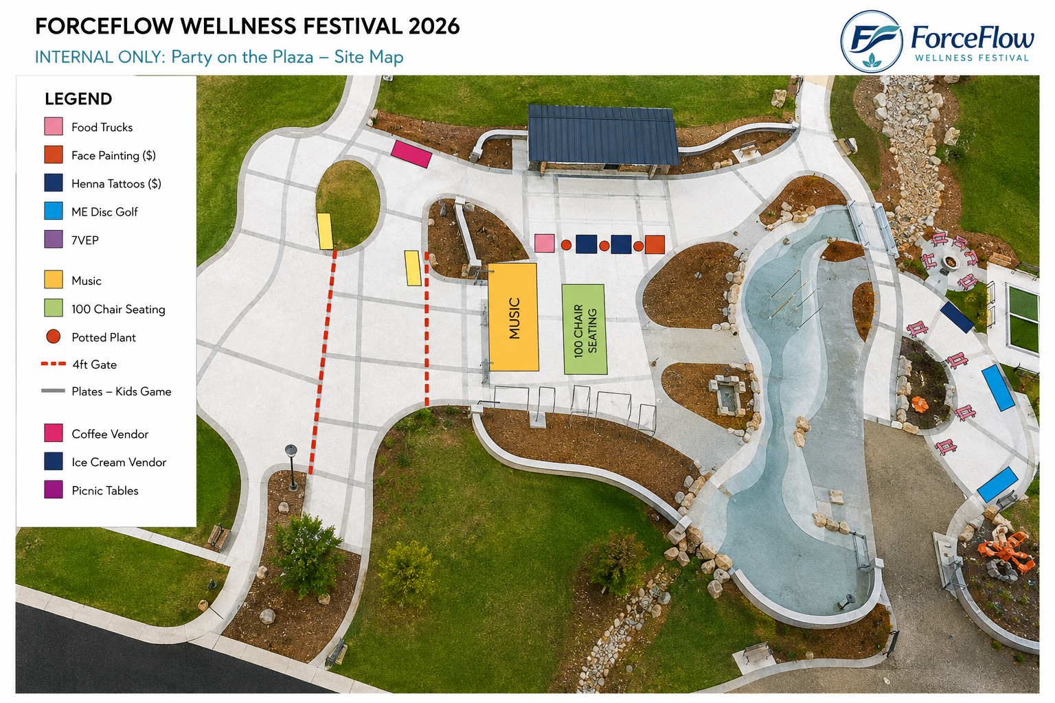 ForceFlow Wellness Festival site map of Lakewood Park showing vendor locations, music stage, seating, food trucks, and activity areas
