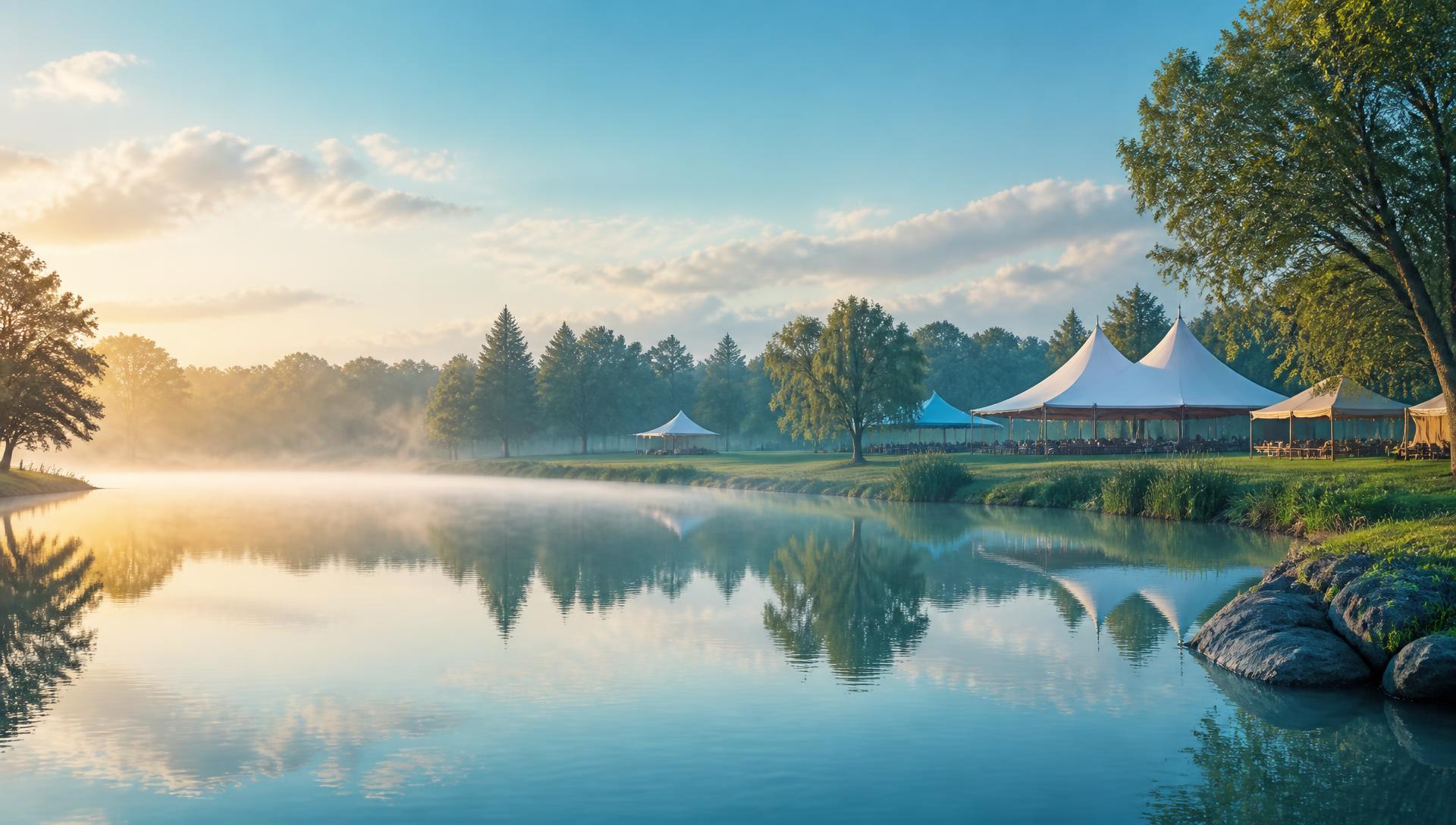 Misty lakeside park at sunrise with festival tents